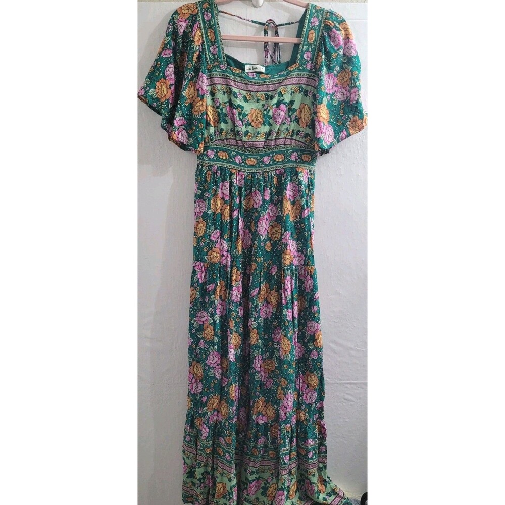 In Loom S Floral Maxi Dress Green Pink Flutter Sleeve Smocked Waist Boho Cottage